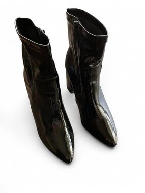 Public Desire Black Patent Pointed Ankle Booties with Side Zip